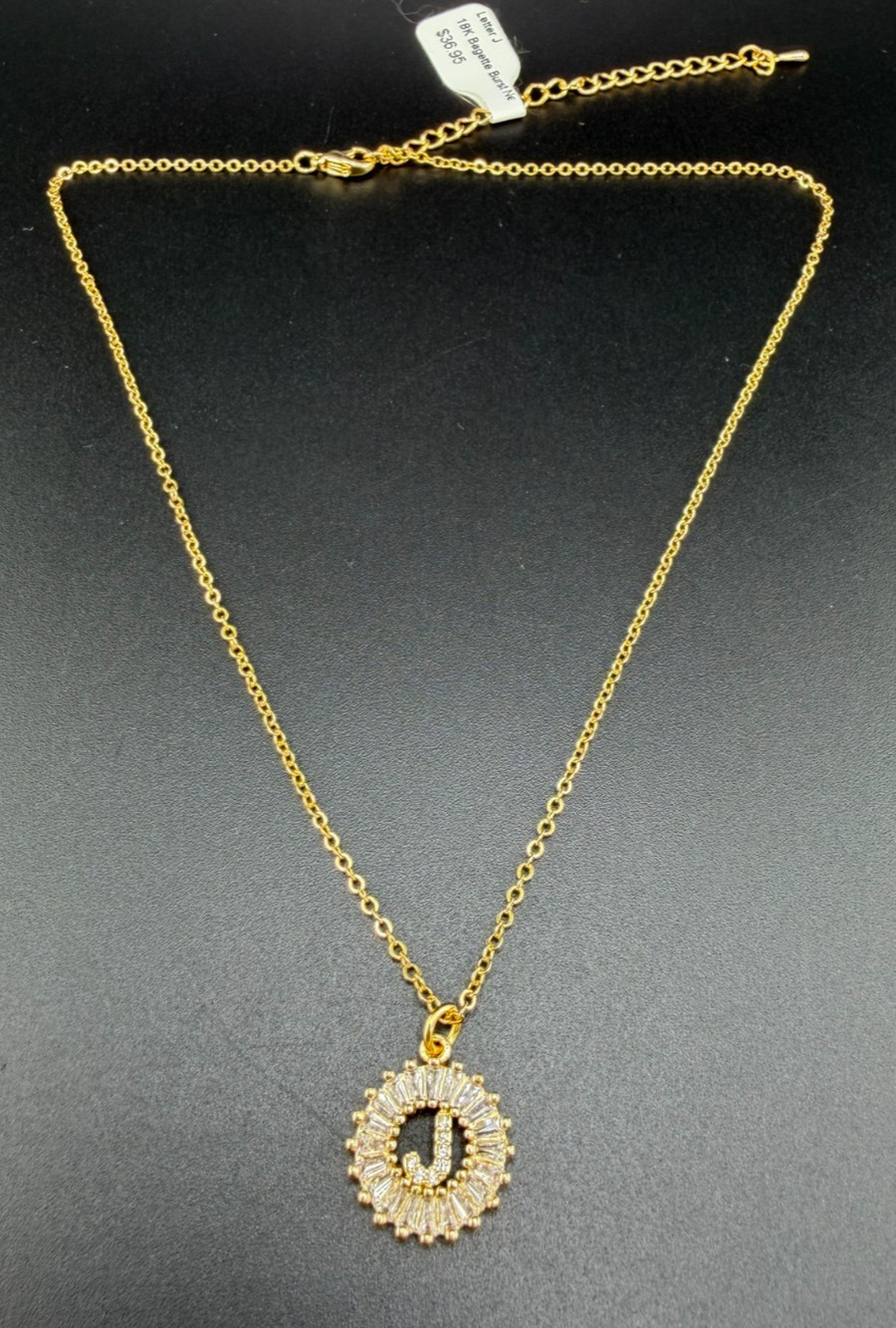 18k Yellow Gold Plated Baguette Clear CZ Letter J Burst Pendant Necklace